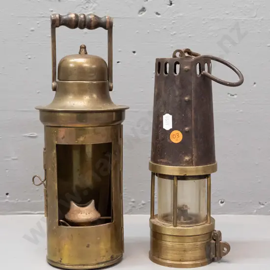 2 vintage brass miner's lanterns, one marked Richard Johnson Clapham Morris Ltd Manchester & Liverpool H-255, other