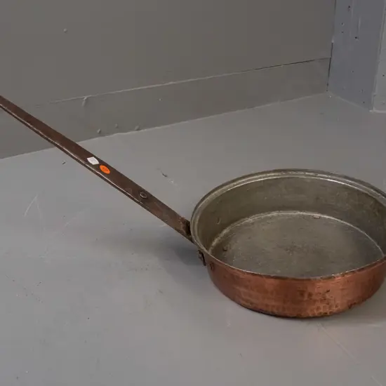 vintage hand-beaten copper-plated saucepan with forged iron handle - some corrosion and dents L-540 pan diameter 260