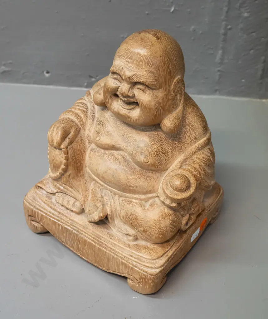 carved timber seated smiling Buddha - a few cracks and some discolouration on top of head H-230 W-160 D-130 Image 1++