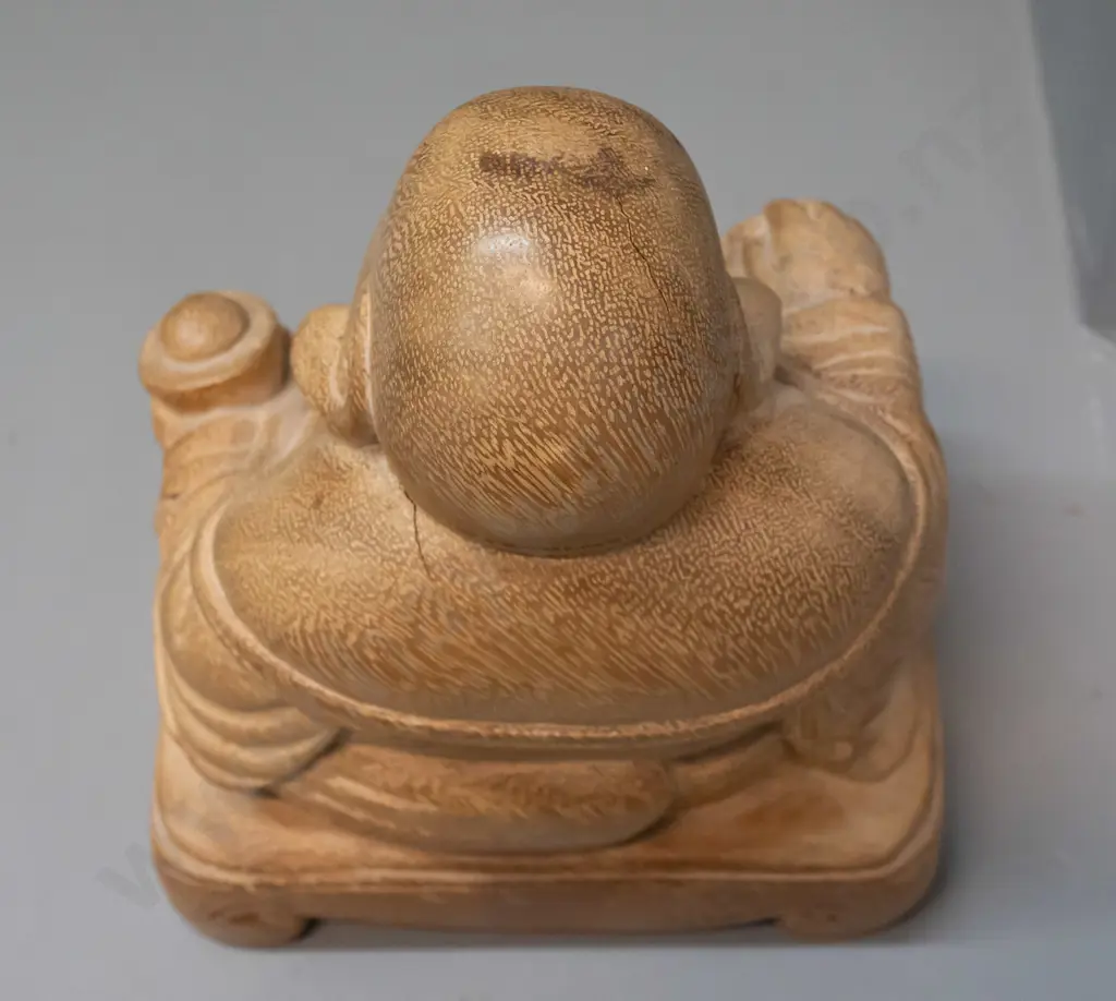 carved timber seated smiling Buddha - a few cracks and some discolouration on top of head H-230 W-160 D-130 Image 1++