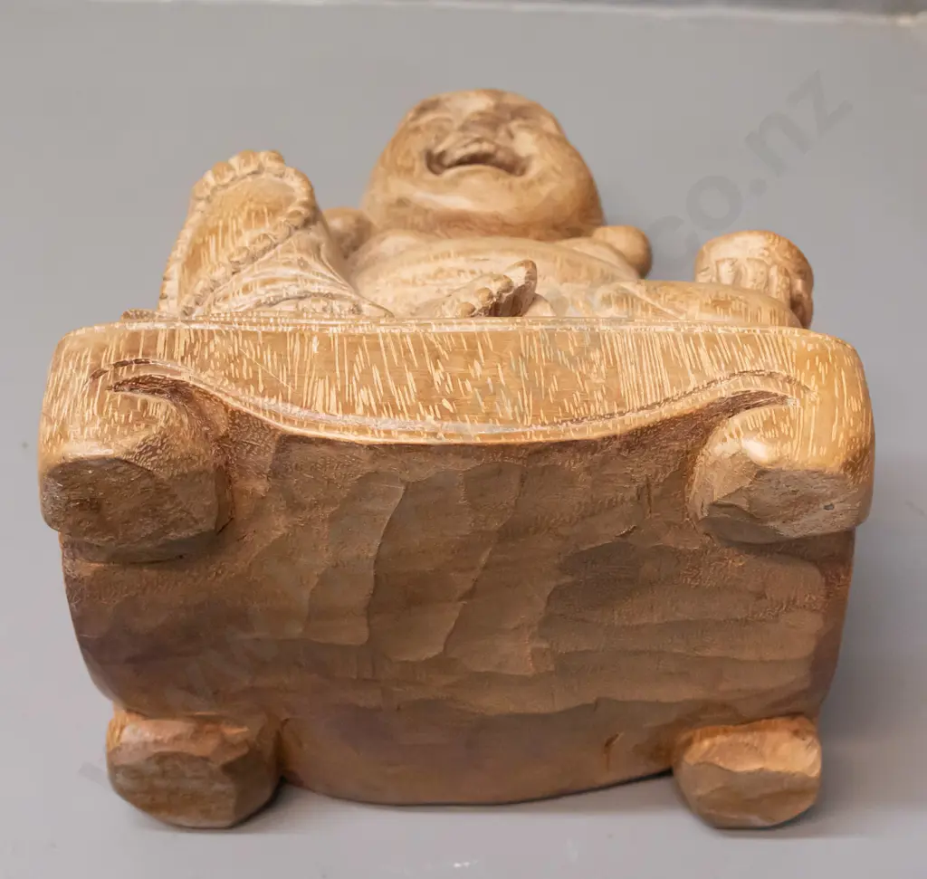 carved timber seated smiling Buddha - a few cracks and some discolouration on top of head H-230 W-160 D-130 Image 1++