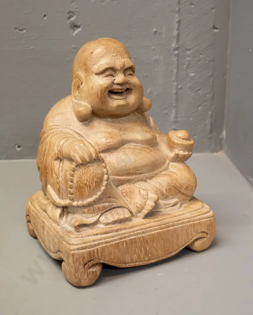 carved timber seated smiling Buddha - a few cracks and some discolouration on top of head H-230 W-160 D-130 Image 1++
