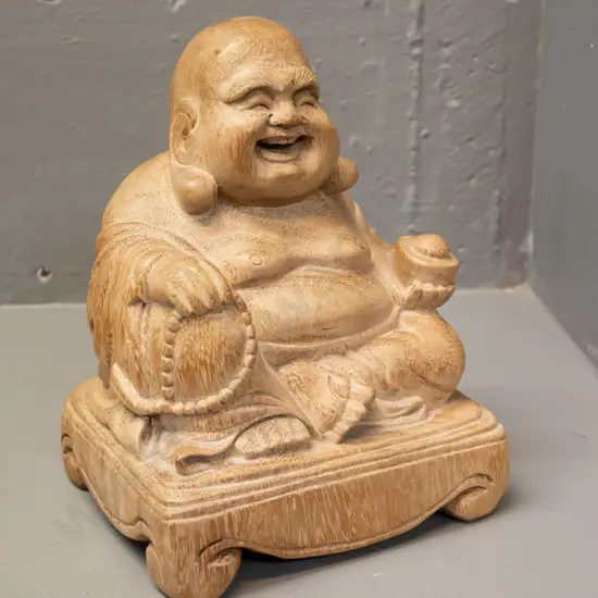 carved timber seated smiling Buddha - a few cracks and some discolouration on top of head H-230 W-160 D-130