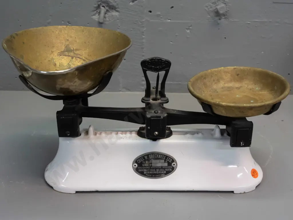 vintage balance scales with brass trays - Chas. W. Brecknell Birmingham label. Some marks, corrosion to trays, stains to Image 1++