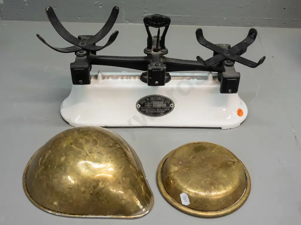 vintage balance scales with brass trays - Chas. W. Brecknell Birmingham label. Some marks, corrosion to trays, stains to Image 1++