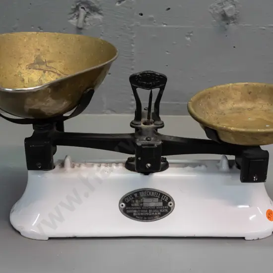 vintage balance scales with brass trays - Chas. W. Brecknell Birmingham label. Some marks, corrosion to trays, stains to