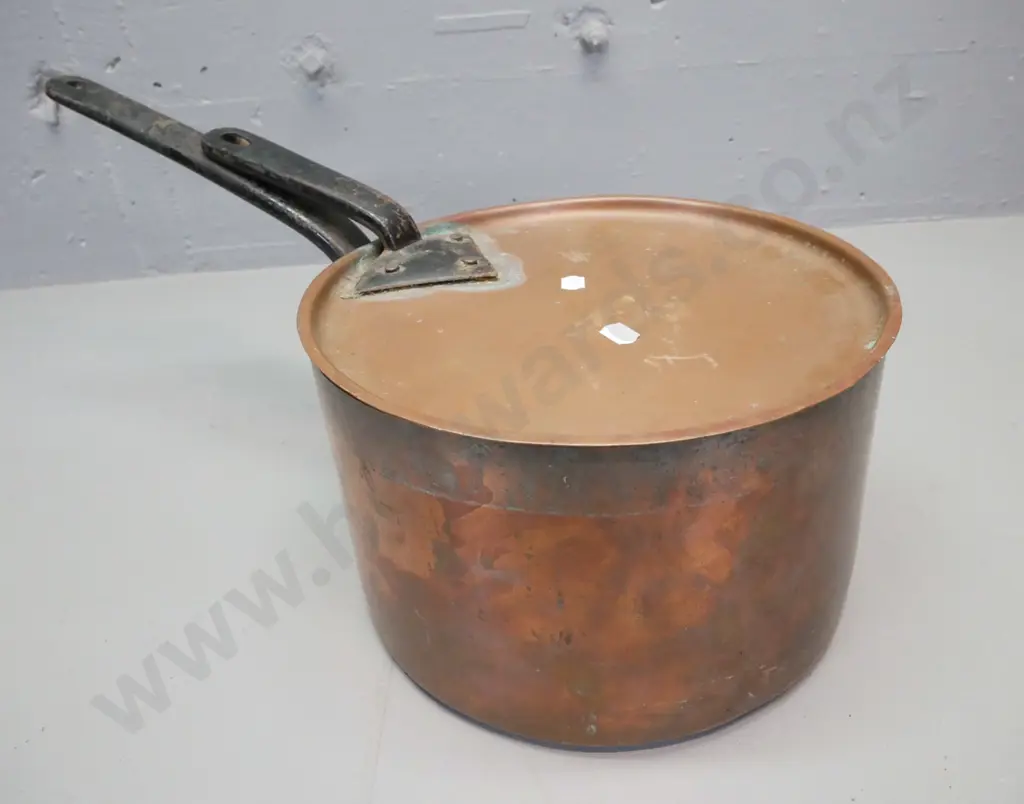 large vintage coppered white metal pot and lid. Cast metal handles to pot and lid. H-180 W-520 handle-to-rim Image 1++