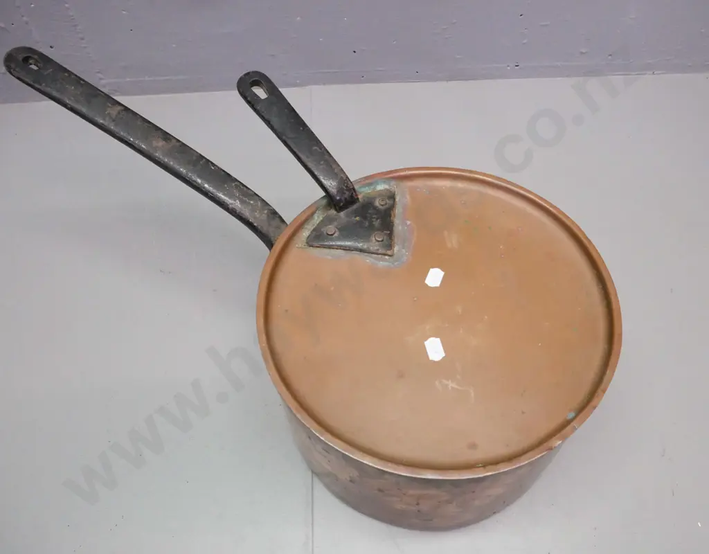 large vintage coppered white metal pot and lid. Cast metal handles to pot and lid. H-180 W-520 handle-to-rim Image 1++