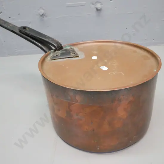 large vintage coppered white metal pot and lid. Cast metal handles to pot and lid. H-180 W-520 handle-to-rim