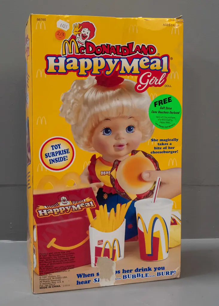 McDonalds McDonaldland Happy Meal girl doll with cheeseburger and accessories, in original box - dated 1997. Box has Image 1++