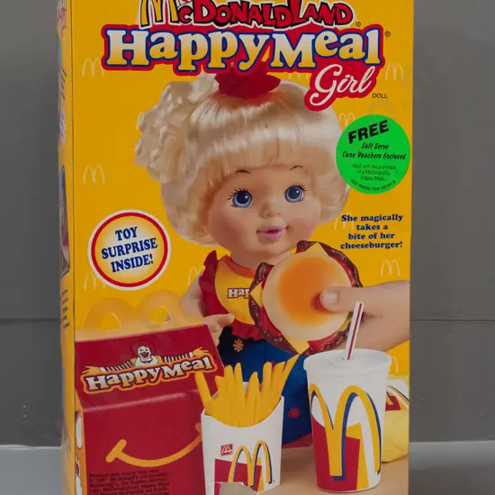 McDonalds McDonaldland Happy Meal girl doll with cheeseburger and accessories, in original box - dated 1997. Box has