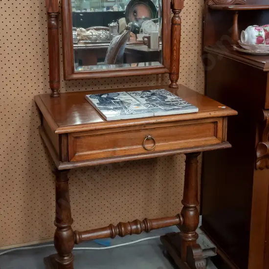 vintage oak and walnut dressing table with arched top mirror on turned supports, single drawer, turned refectory