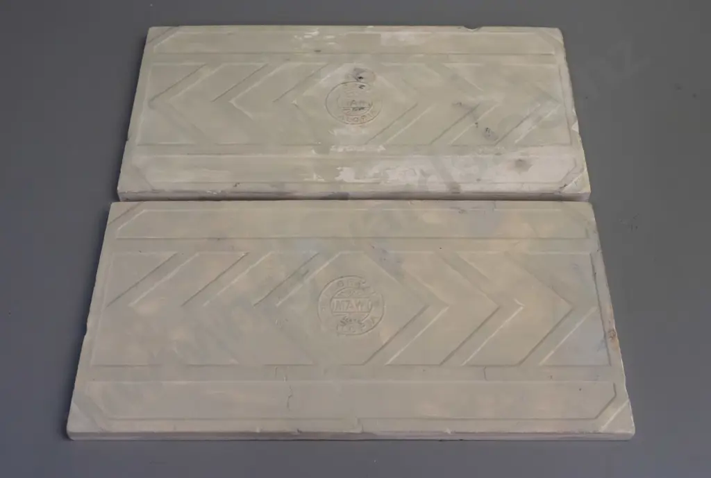 2 vintage blue and white porcelain tiles with gilded detail, Japanese figural designs, mark on back Maw & Image 1++