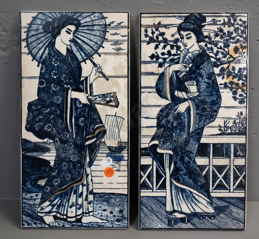 2 vintage blue and white porcelain tiles with gilded detail, Japanese figural designs, mark on back Maw & Image 1++