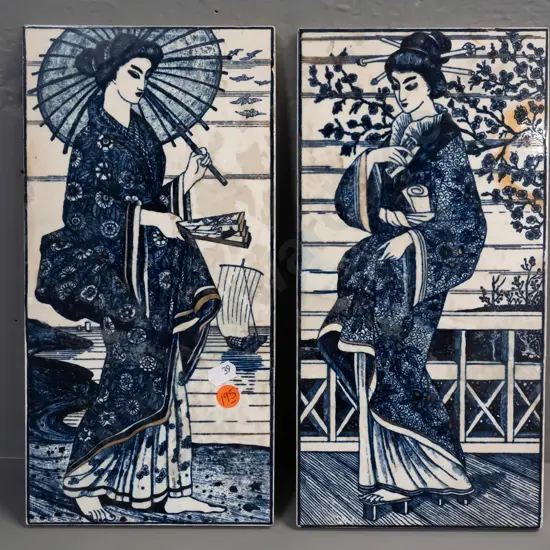 2 vintage blue and white porcelain tiles with gilded detail, Japanese figural designs, mark on back Maw &