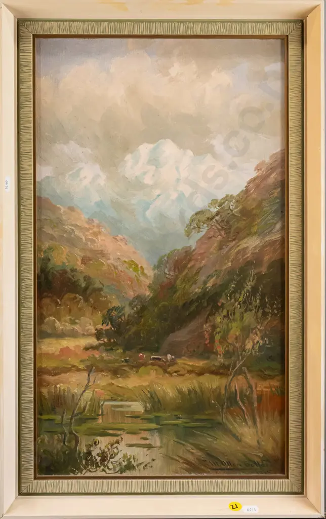 W Allen Bollard 1915 - framed oil on board "In the Routeburn Valley" H470 W270 Image 1++