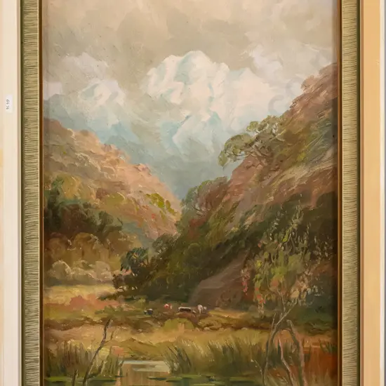 W Allen Bollard 1915 - framed oil on board "In the Routeburn Valley" H470 W270