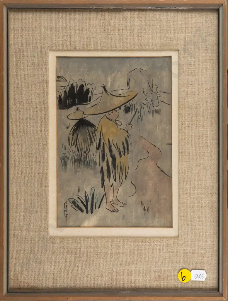 Greta Graetzer - framed watercolour - cattle & people H180 W120 Image 1++