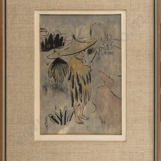 Greta Graetzer - framed watercolour - cattle & people H180 W120
