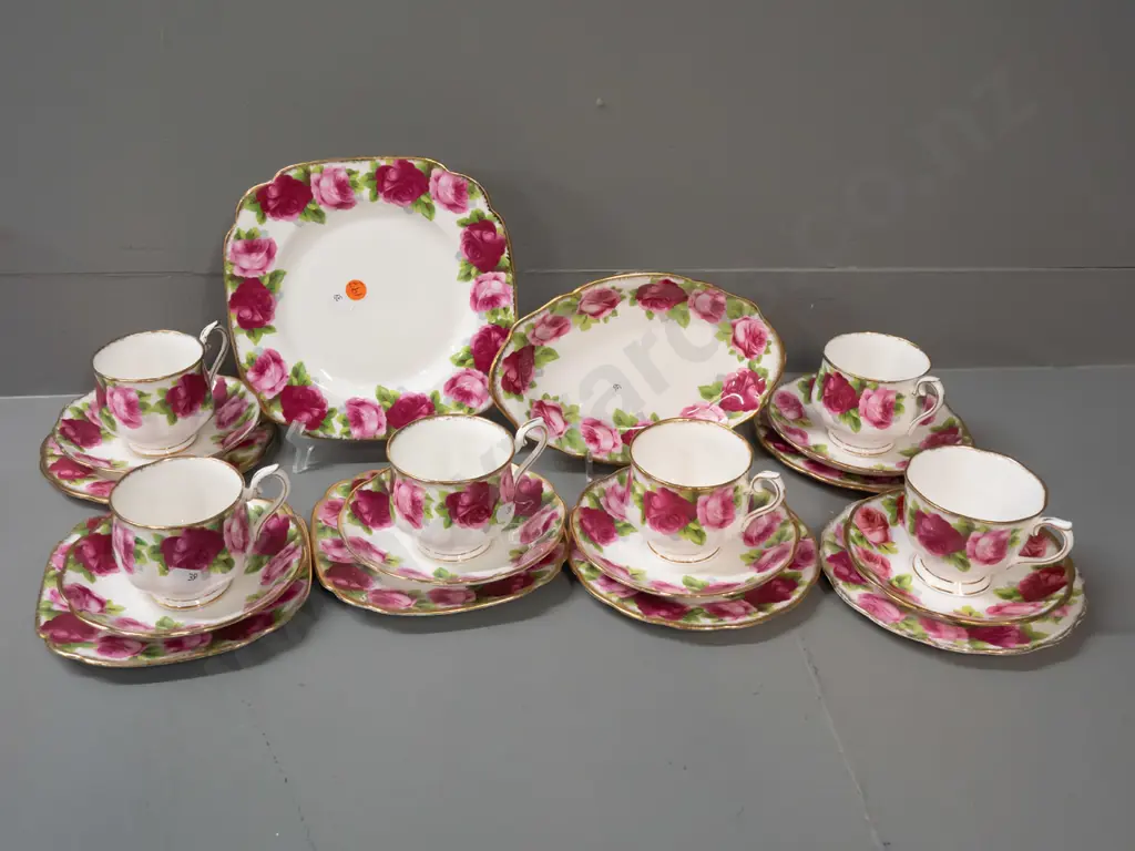 Royal Albert Old English Rose tea ware - 6 trios, one cup mismatched shape, and 2 small dishes - some wear to gilt edges Image 1++