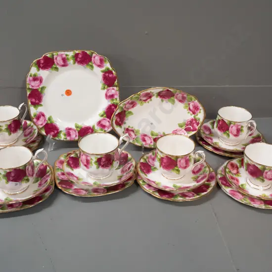 Royal Albert Old English Rose tea ware - 6 trios, one cup mismatched shape, and 2 small dishes - some wear to gilt edges