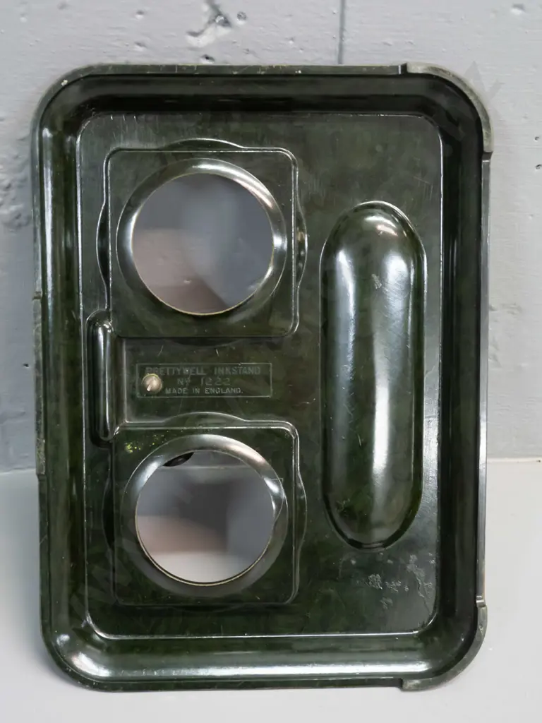 vintage "Prettywell" mottled dark green and black bakelite pen stand with 2 glass inkwells w/bakelite lids - some Image 1++