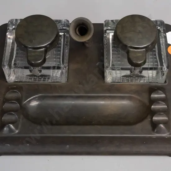 vintage "Prettywell" mottled dark green and black bakelite pen stand with 2 glass inkwells w/bakelite lids - some