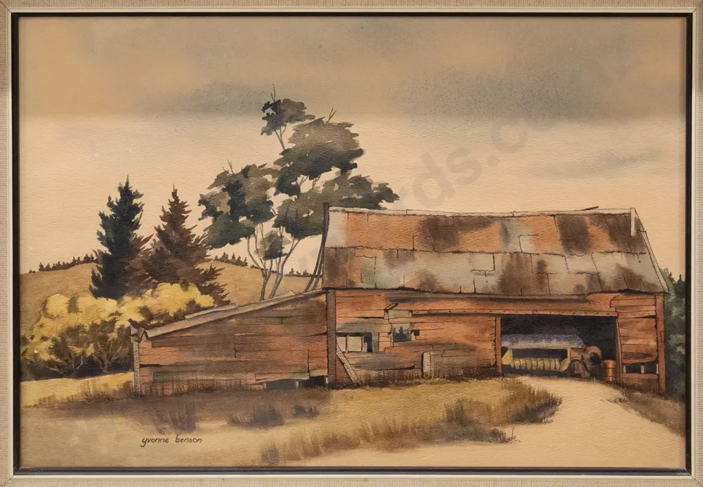 Yvonne Benson - framed watercolour "Farm Buildings, Park Farm, Palmerston" H270 W400 Image 1++