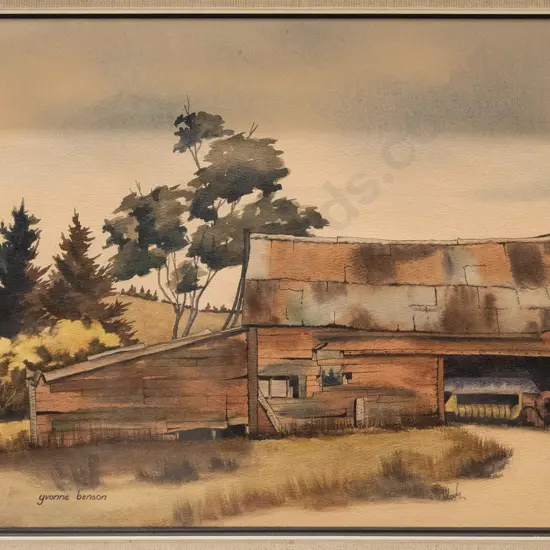 Yvonne Benson - framed watercolour "Farm Buildings, Park Farm, Palmerston" H270 W400
