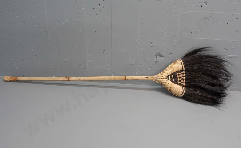hand made broom with bamboo handle and cane binding, plant fibre bristles, unknown origin - some deterioration to cane. Image 1++