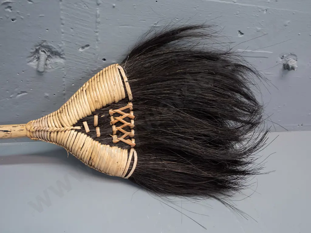 hand made broom with bamboo handle and cane binding, plant fibre bristles, unknown origin - some deterioration to cane. Image 1++