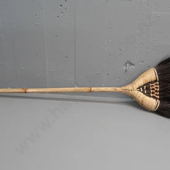 hand made broom with bamboo handle and cane binding, plant fibre bristles, unknown origin - some deterioration to cane.