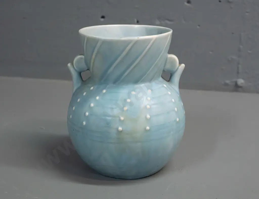 vintage small Beswick vase with lobe handles and flared rim, mottled light blue glaze. H-150 Image 1++