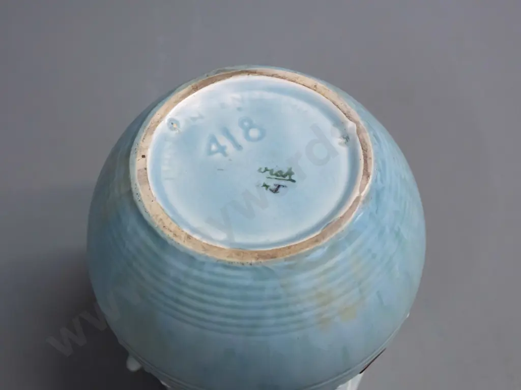 vintage small Beswick vase with lobe handles and flared rim, mottled light blue glaze. H-150 Image 1++