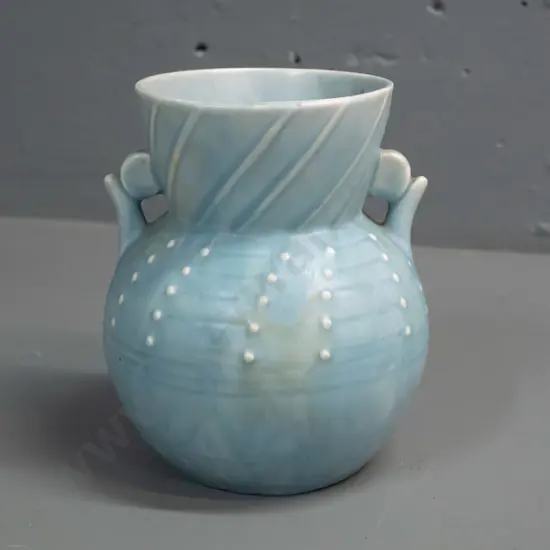 vintage small Beswick vase with lobe handles and flared rim, mottled light blue glaze. H-150