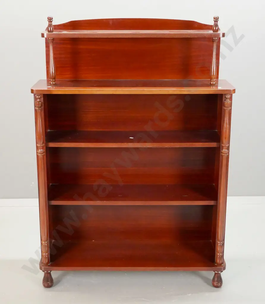 reproduction Victorian style mahogany open-shelf bookcase with turned supports and finials, RA Davies Christchurch label Image 1++