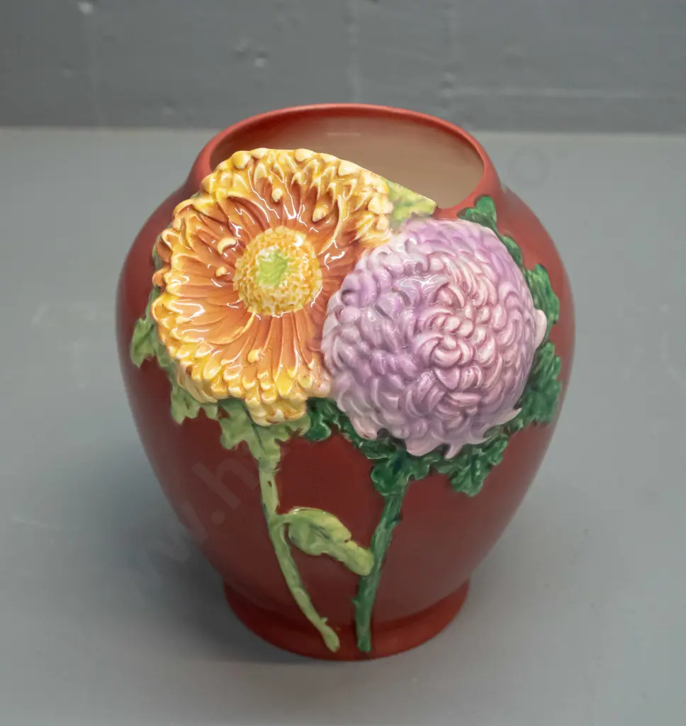 Beswick vase - plum colour with applied flowers - some staining inside H-170 Image 1++