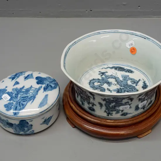 2x Chinese blue & white items - lidded canister and panelled octagonal bowl w/ dragon motifs, character mark on bottom,