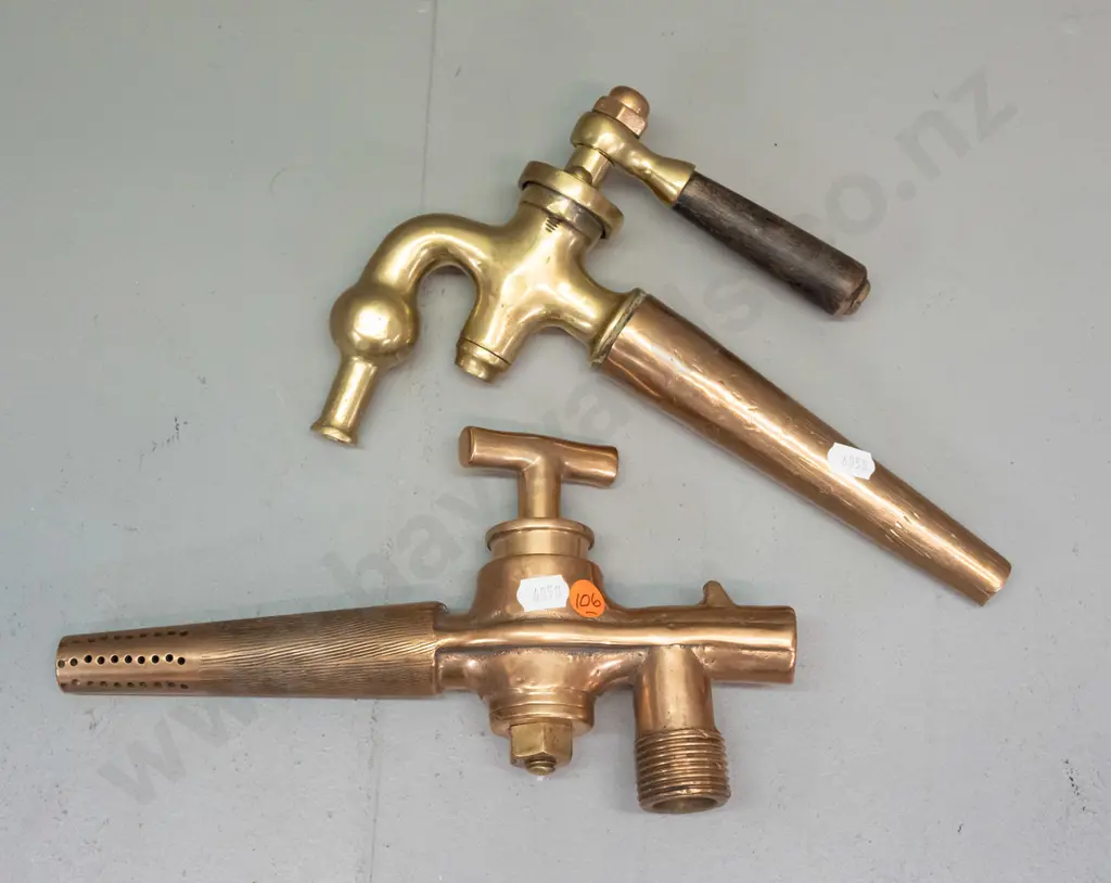 2 vintage large barrel or keg spigots, no maker's marks, one copper, one brass & copper with wooden handle L-260 Image 1++