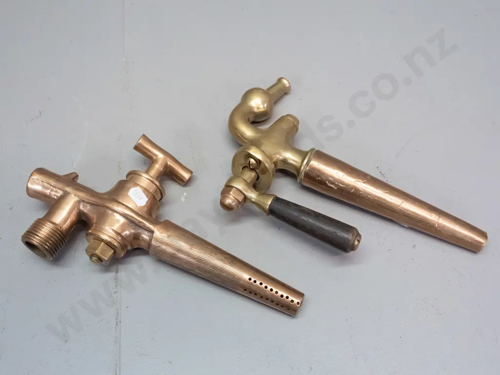 2 vintage large barrel or keg spigots, no maker's marks, one copper, one brass & copper with wooden handle L-260 Image 1++