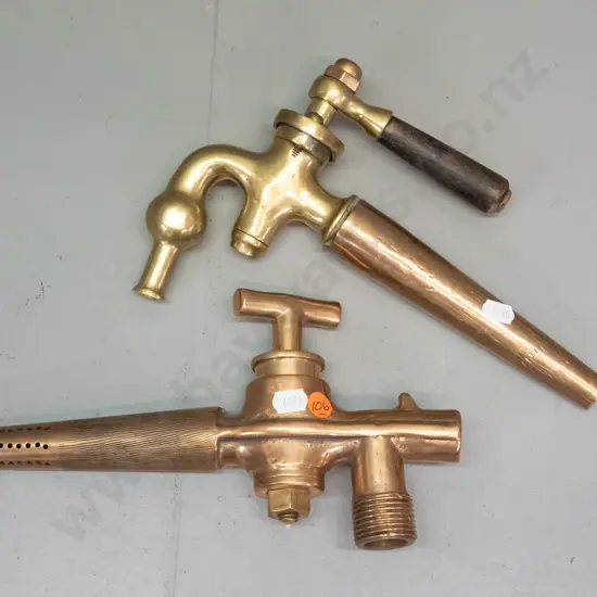 2 vintage large barrel or keg spigots, no maker's marks, one copper, one brass & copper with wooden handle L-260