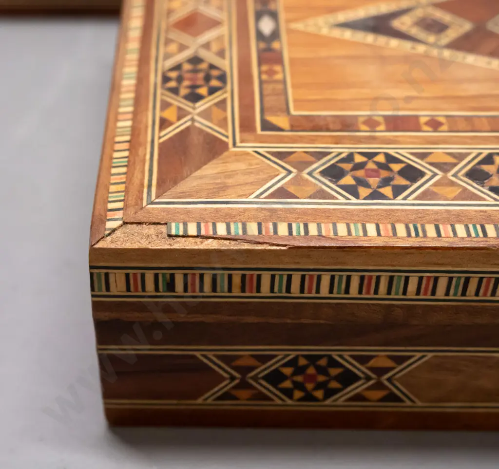 2 Syrian mixed timber and mother of pearl inlay boxes with hinged lids, red fabric lined, larger has small area of inlay Image 1++