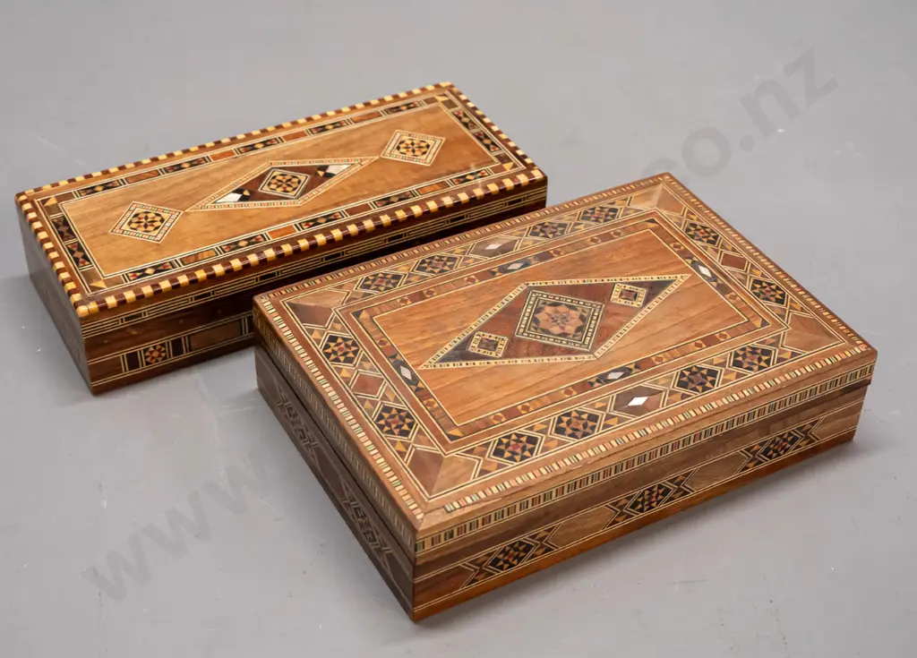 2 Syrian mixed timber and mother of pearl inlay boxes with hinged lids, red fabric lined, larger has small area of inlay Image 1++