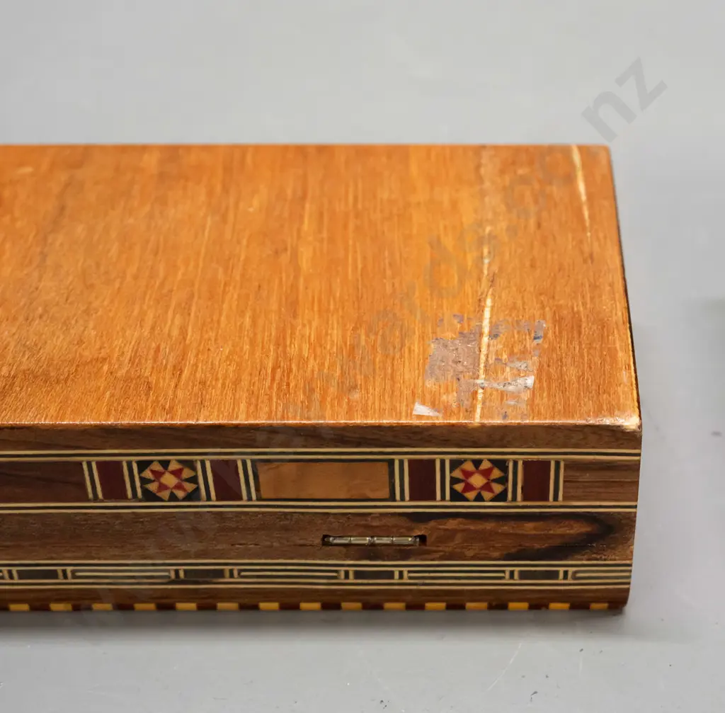 2 Syrian mixed timber and mother of pearl inlay boxes with hinged lids, red fabric lined, larger has small area of inlay Image 1++