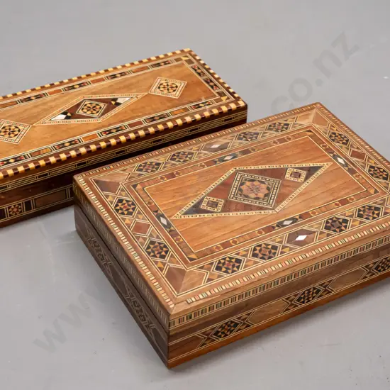 2 Syrian mixed timber and mother of pearl inlay boxes with hinged lids, red fabric lined, larger has small area of inlay
