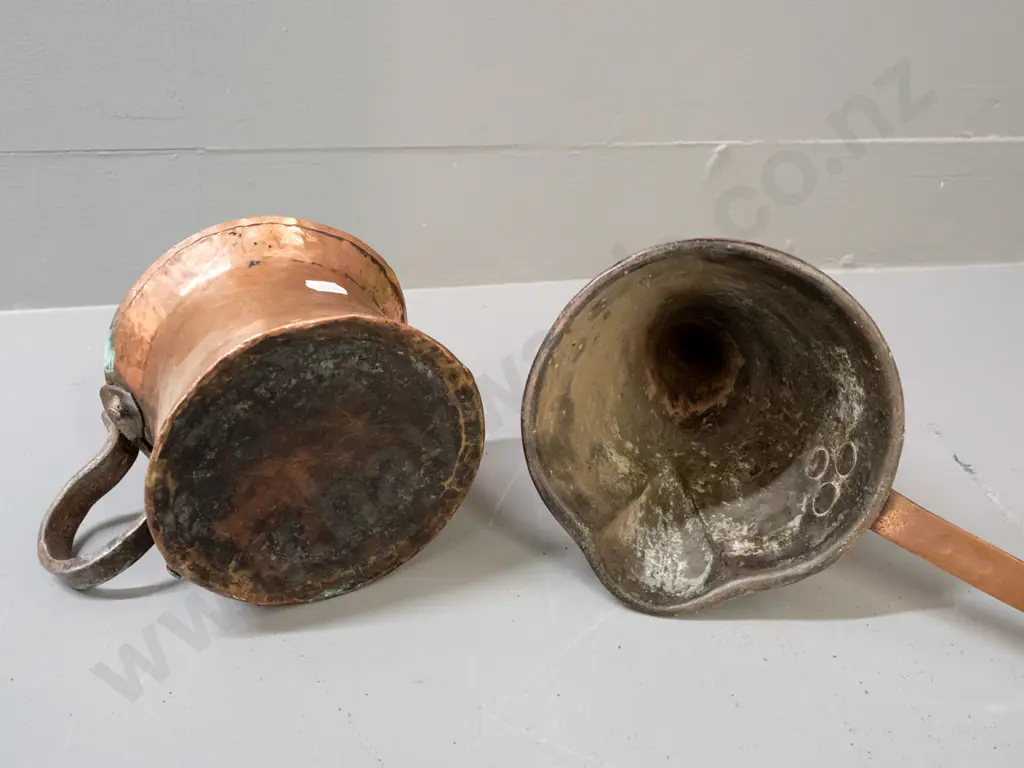 2 vintage copper items - conical ladle and small tin lined pot with wrought metal handle - both with some dents and Image 1++