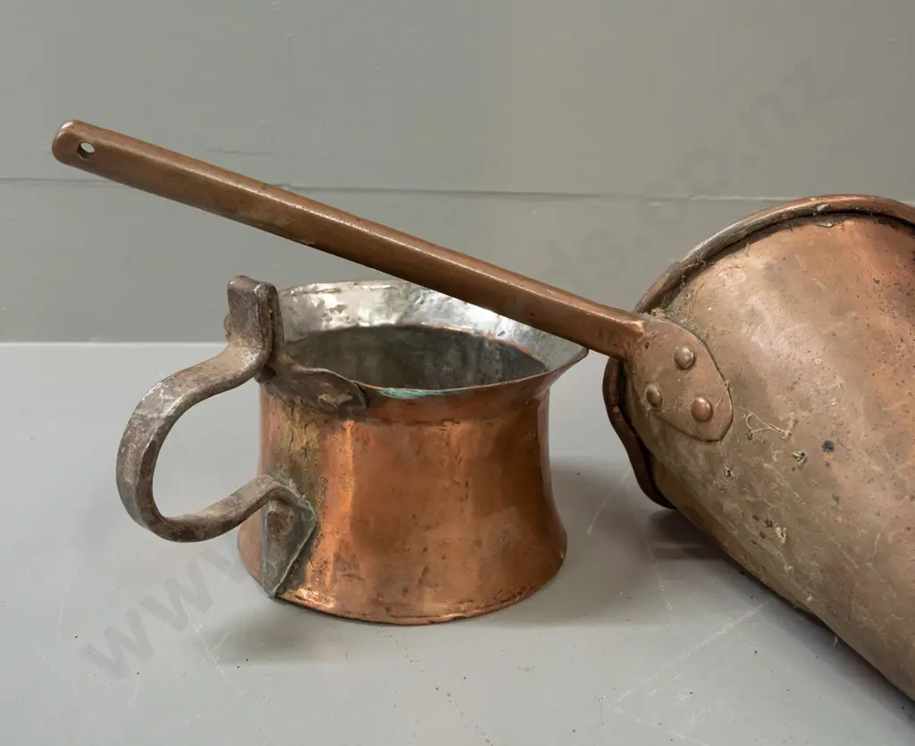 2 vintage copper items - conical ladle and small tin lined pot with wrought metal handle - both with some dents and Image 1++