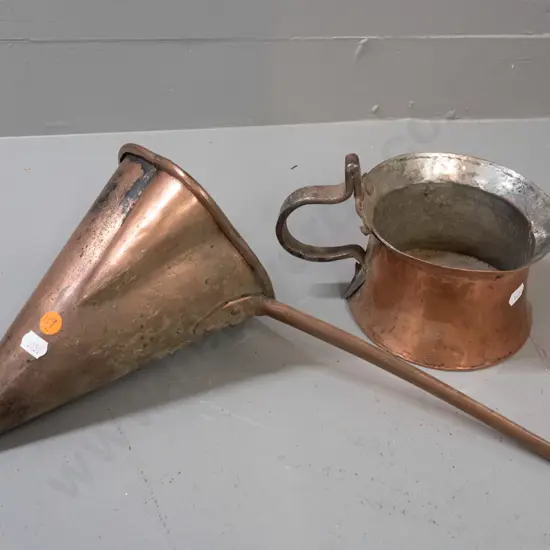 2 vintage copper items - conical ladle and small tin lined pot with wrought metal handle - both with some dents and