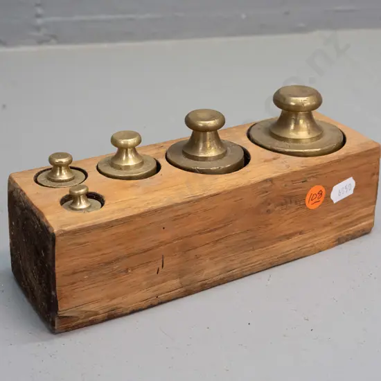 vintage set of 5 scale weights in fitted wooden holder - 50g up to 1kg weights H-90 L-200
