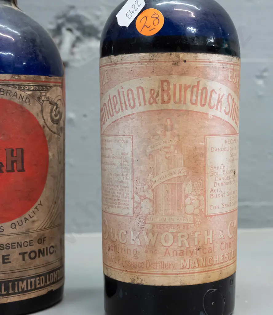 2 vintage cobalt blue bottles with labels and contents - Duckworth & Co Dandelion & Burdock stout & Stevenson & Howell Image 1++